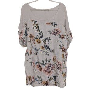 Lungo Larno Linen Floral Shirt Womens Size 1X White Crochet Cottage Short Sleeve